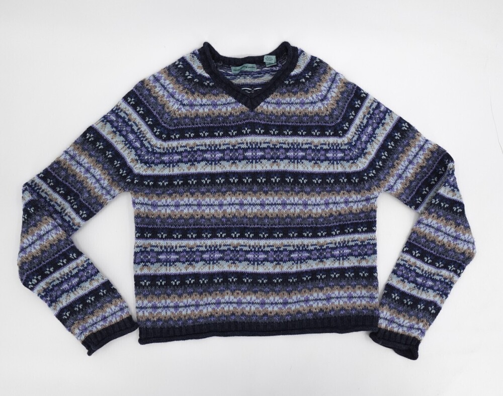Marsh Landing Sweater Womens Medium petite Blue Striped V-Neck Crop